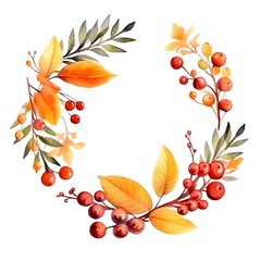 Autumnal Watercolor Wreath with Leaves and Berries on White Background