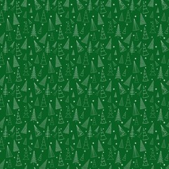 Seamless pattern  Christmas trees snowflakes outline sketch illustration. Design Christmas decorations. White repeating drawing hand drawn. Green background.