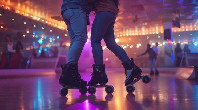 Roller skating couple at a rink.