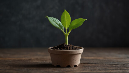 a small green plant with dark soil around the base. The plant has several leaves.