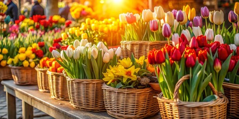 Obraz premium Vibrant tulips and narcissus overflow from rustic wicker baskets at a sun-kissed flower market stand, surrounded by lush greenery and warm golden lighting.