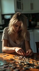 Fototapeta premium A woman carefully sorts and counts coins at a table in a warm, inviting kitchen