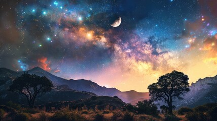 Naklejka premium Night sky photo featuring multiple planets and vibrant colors, evoking cosmic mystery