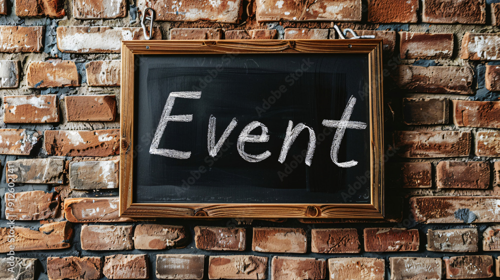 Poster blackboard on a brick wall with the word event written on it