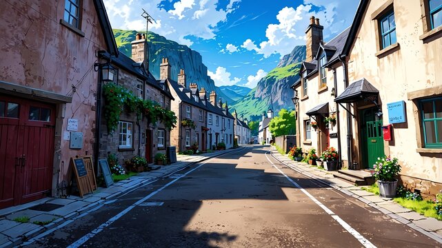 a street in a highlands in uk aesthetic anime style for background