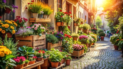 Fototapeta premium Vibrant bouquets and lush greenery spill out of wooden crates and vintage planters lining a charming, sun-drenched alleyway of a quaint flower shop.
