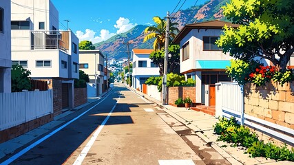 Obraz premium a street in a beach in california usa aesthetic anime style for background