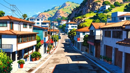 a street in a beach in california usa aesthetic anime style for background