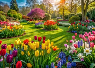 Vibrant spring garden scene featuring a lush green lawn and a stunning mixborder overflowing with blooming tulips, daffodils, hyacinths, and diverse colorful flowers.