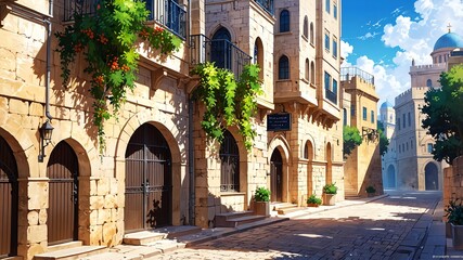 Obraz premium a street in israel aesthetic anime style for background