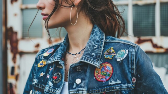 Woman in Denim Jacket with Patches.