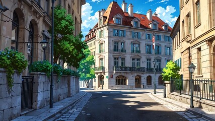 Obraz premium a street in switzerland aesthetic anime style for background