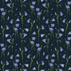 Bell flowers. Wild flowers, seamless pattern. Blue wild flowers. Design for textiles and paper.