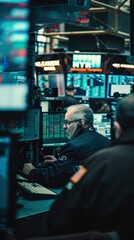 Traders focus on screens filled with market data and charts, navigating a busy financial exchange environment