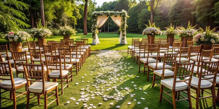 Elegant outdoor wedding ceremony setup with wooden chairs adorned with white cushions leading down a petal-scattered aisle surrounded by lush greenery and serene atmosphere.