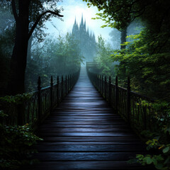 Obraz premium A wooden bridge leads to a castle in the woods. The castle is surrounded by trees and the bridge is made of wood. Scene is mysterious and enchanting