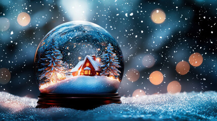 A snow globe with a house in it sits on a snowy field. The scene is peaceful and serene, with the snow globe capturing the essence of a winter wonderland