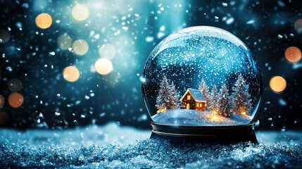A snow globe with a house and trees inside. The scene is peaceful and serene, evoking a sense of winter wonderland