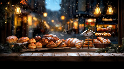 Obraz premium A window display of pastries and breads with a snowy background. Scene is cozy and inviting, perfect for a winter day