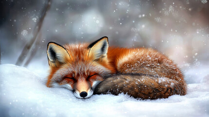 Obraz premium A fox is sleeping in the snow. The image has a peaceful and serene mood. The fox is curled up and he is in a deep sleep. The snow around it adds to the calm atmosphere of the scene