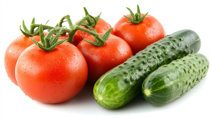 Tomatoes and cucumbers on a white background.