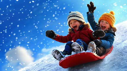 Two children are riding a sled down a snowy hill. They are both wearing hats and gloves, and they are both smiling. The scene is joyful and playful, and it captures the excitement of winter activities