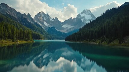 Serene Mountain Lake Reflecting Snowy Peaks