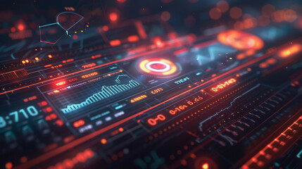 Obraz premium Digital illustration of a fitness tracker interface displaying heart rate, steps taken, and calories burned, sleek design, health monitoring