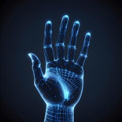Naklejka premium A holographic hand in a glowing blue digital wireframe representing advanced AI and network connections