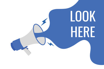 look here button, banner, label, template for website. look here text with colorful megaphone icon
