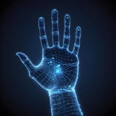 Naklejka premium A holographic hand in a glowing blue digital wireframe representing advanced AI and network connections