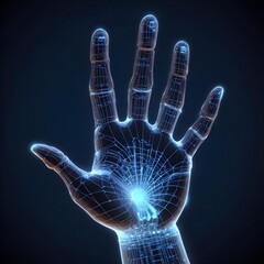 Naklejka premium A holographic hand in a glowing blue digital wireframe representing advanced AI and network connections