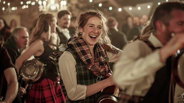 A woman in traditional attire smiles while dancing at a lively ceilidh filled with music and laughter