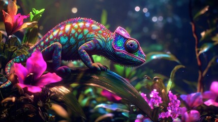 Vibrant Neon Chameleon in Surreal 3D Jungle Scene with Colorful Flowers and Glowing Foliage