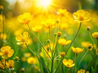 Fototapeta premium Vibrant yellow buttercup flowers sway gently in a lush green meadow, creating a stunning spring floral wallpaper and nature-inspired banner background.