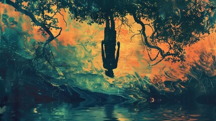 Symbolism Art Style of Tarot Card of the Hanged Man, Surreal Art Depicting the Concept of the Hanged Man in a Mystical, Dreamlike Setting