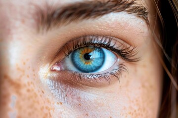 Obraz premium Close up of a blue eye belonging to a young woman with freckles