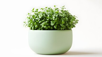 Fototapeta premium Lush green herb plant, round pale mint green ceramic pot, minimalist design, white background, soft diffused lighting, crisp focus, high detail, vibrant foliage, clean aesthetic.