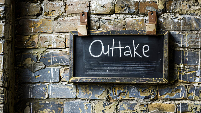 Rustic chalkboard sign reading outtake hangs on a weathered brick wall