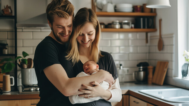 a couple holding their baby in their arms in the kitchen of their home
