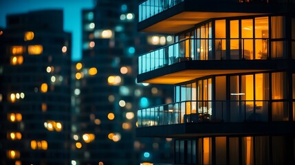 Modern apartment building at deep night, illuminated balconies, floor-to-ceiling windows, city lights bokeh background, urban skyline, dark sky, twinkling lights.
