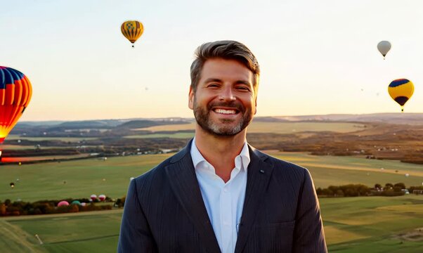 Group portrait video of a pleased man in his 40s wearing a classic blazer against a hot air balloon or skydiving background
