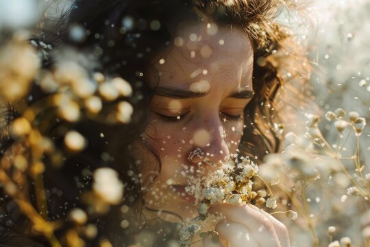 Young woman with closed eyes smelling dry flowers in a field full of flowers during a sunny day