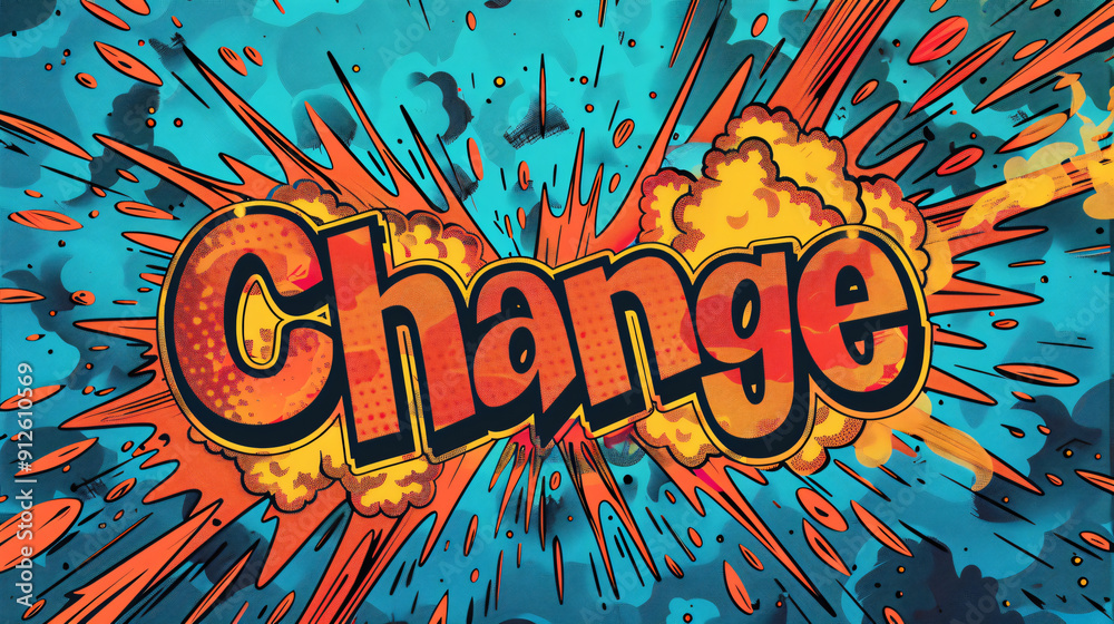 Aufkleber comic book style illustration featuring the word change exploding out from a colorful background