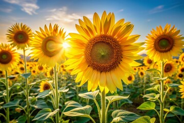 Vibrant bright yellow sunflowers in full bloom, petals shining like gold, standing tall with strong stalks, isolated on white background, symbolizing warmth and happiness.