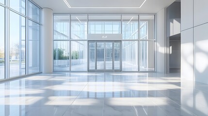 Fototapeta premium Modern office lobby, glass entrance doors, bright interior, floor-to-ceiling windows, reflective tiled floor, sleek minimalist design, abundant natural light, sunbeams streaming in.