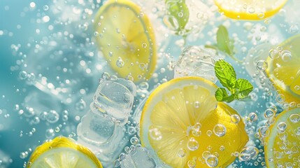 Refreshing Lemon Slices and Ice Cubes in Sparkling Water with Mint Leaves on a Light Blue Background