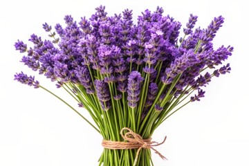 Fototapeta premium Freshly picked purple lavender flowers tied in a bouquet, delicate petals and stems standing upright, isolated on a clean white or transparent background.