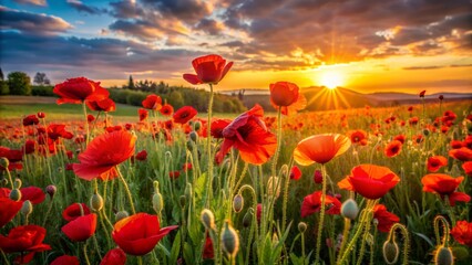 Fototapeta premium Vibrant red poppies sway gently in a picturesque field, illuminated by warm golden light of a serene spring sunset, creating a breathtakingly beautiful rural landscape.