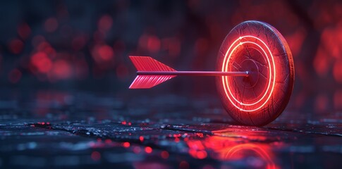 red arrow hits the center of the target glowing with neon red light on a dark background, symbolizes success in business, copy space, place for text